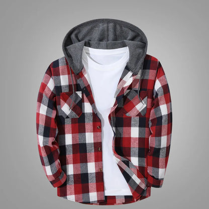 Heren Sportieve Hoodie – Rood Geruit Design met Knopensluiting