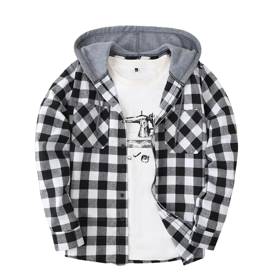 Sportlicher Kapuzenpullover für Herren mit Karomuster und Knopfleiste